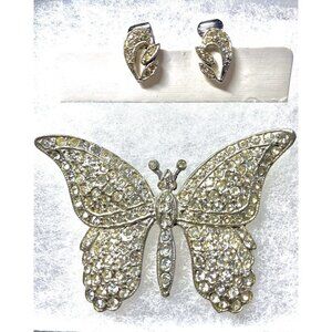 Vintage Silver‎ & Rhinestone Butterfly Brooch and Rhinestone Clip-on Earrings